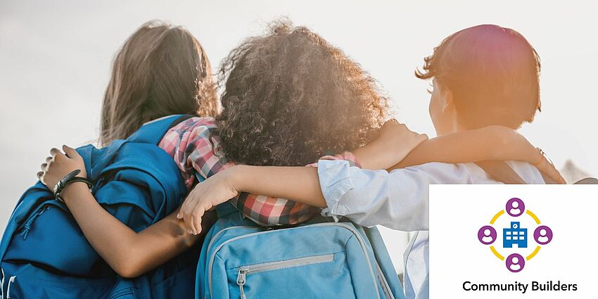 back view of three young teens with backpacks.