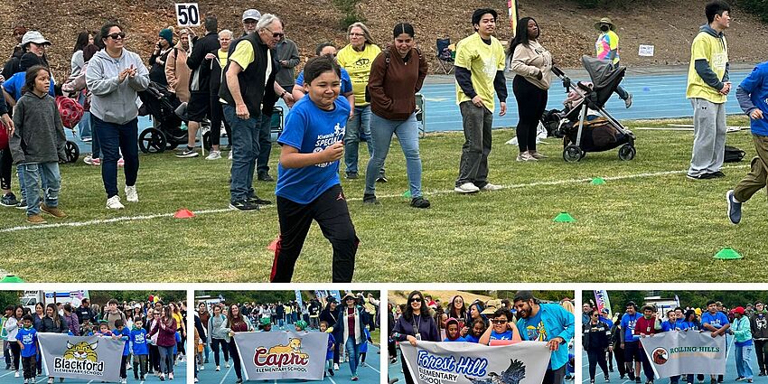 middle school boy running as crowd watches and cheers