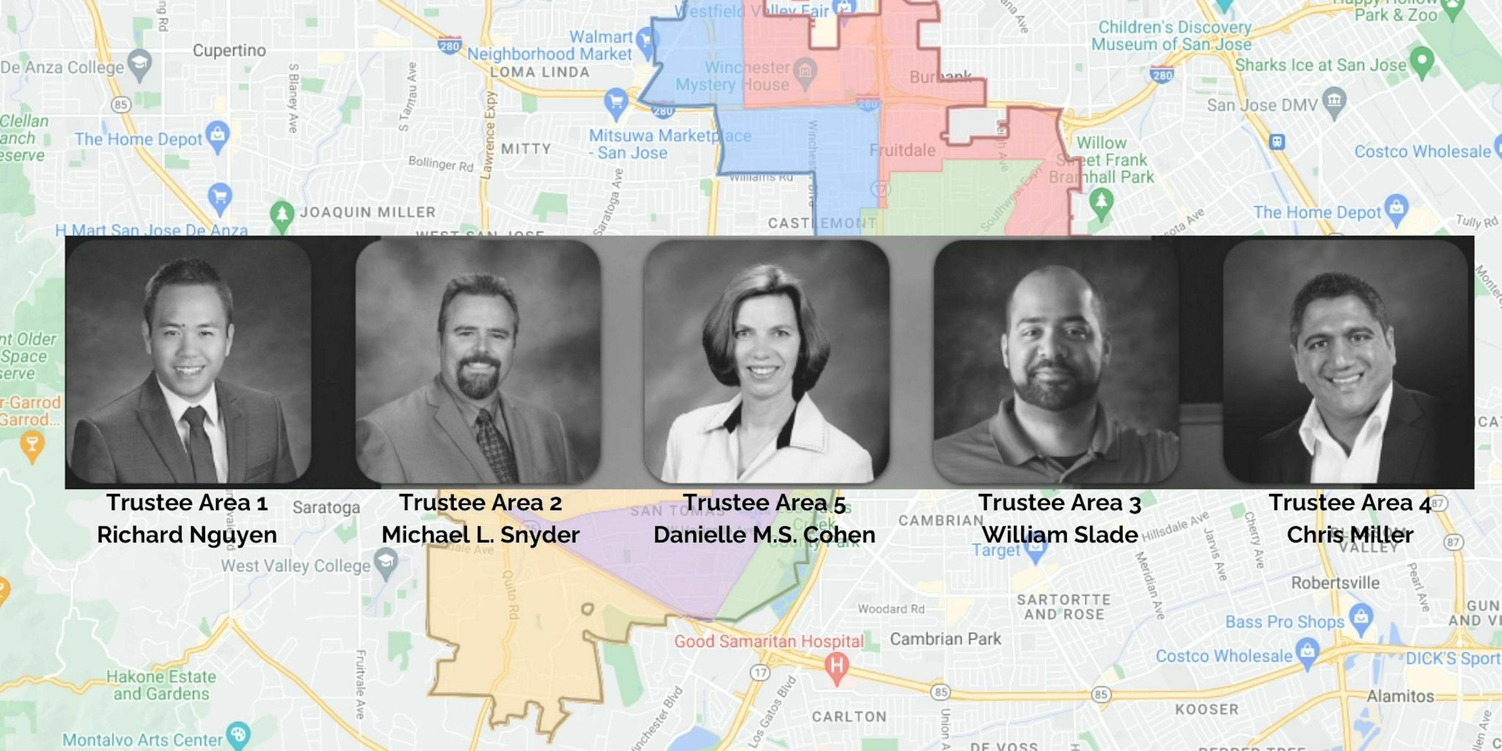 Five head shot photos--one of each board member with name and trustee area—in black and white, and the background is a colorful map of the district boundaries.