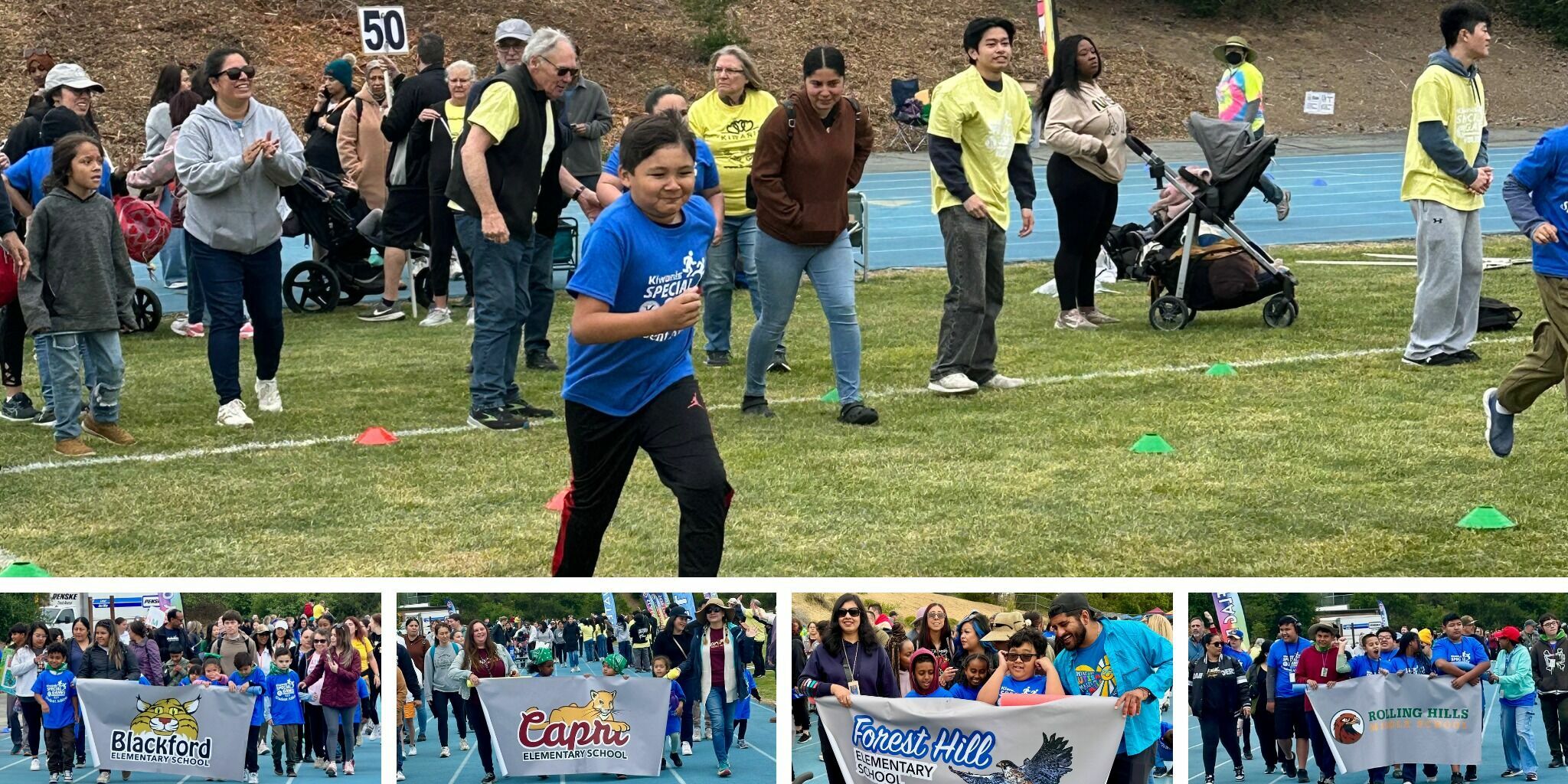 middle school boy running as crowd watches and cheers